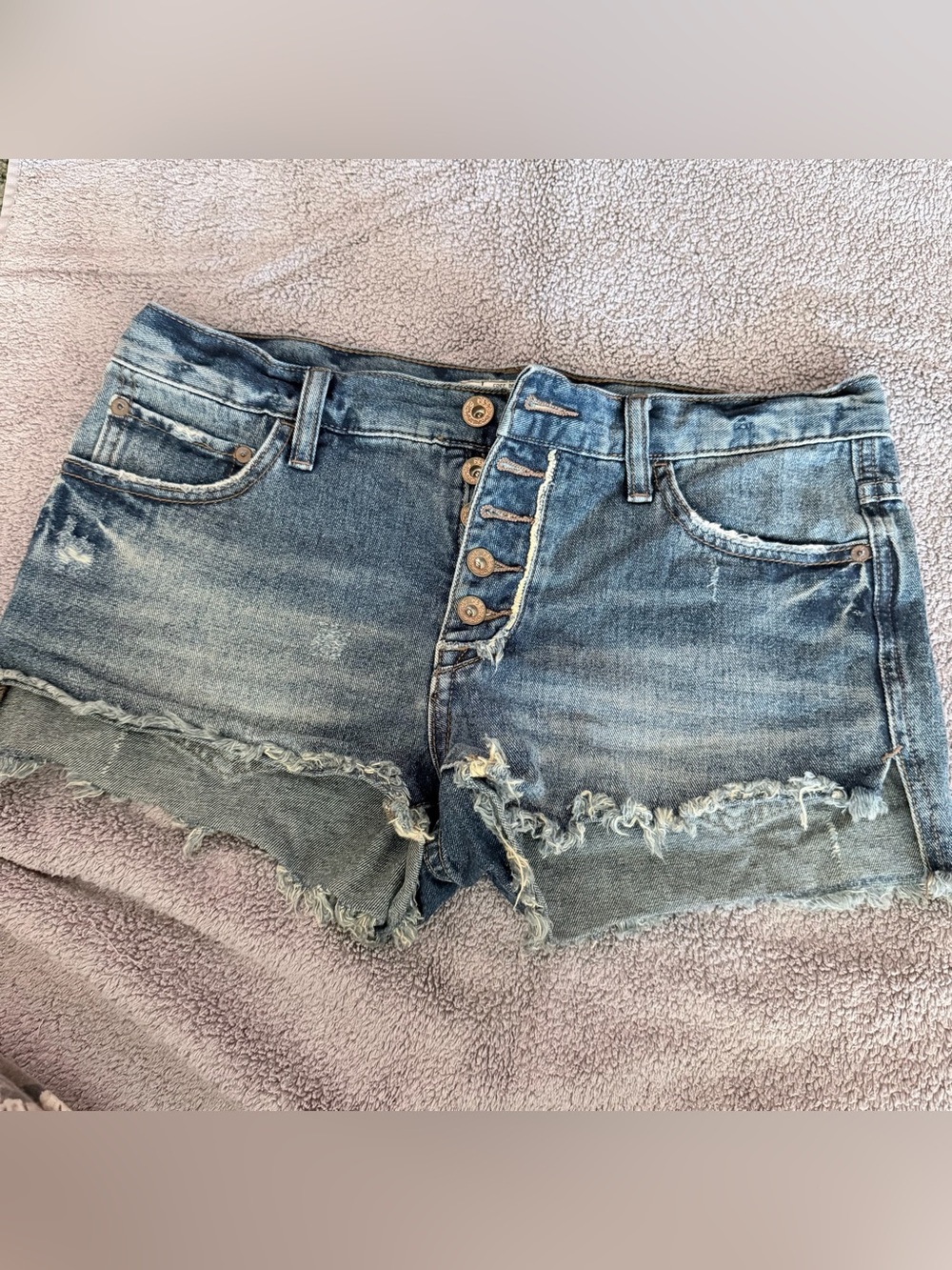 Free People Washed Blue Distressed Button-Fly Denim Shorts